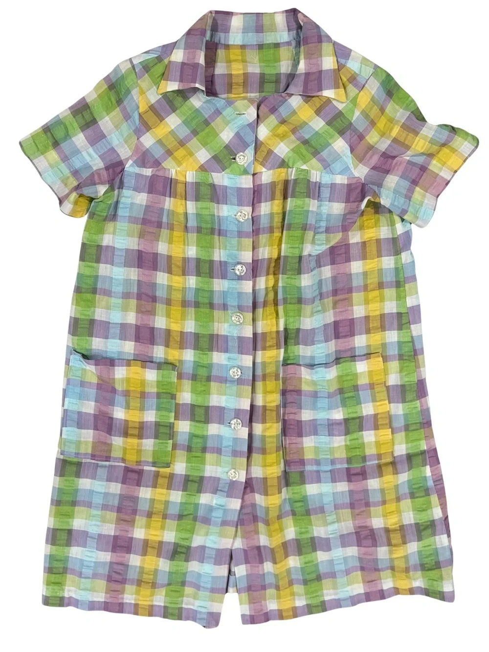 Pastel Plaid Short-Sleeve Button Down Sleep Robe - Multicolor